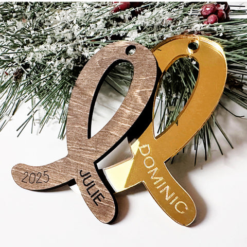 RIBBON | PRE-ORDER |  Stained Wood or Gold Acrylic Ornament | Personalize with First Name